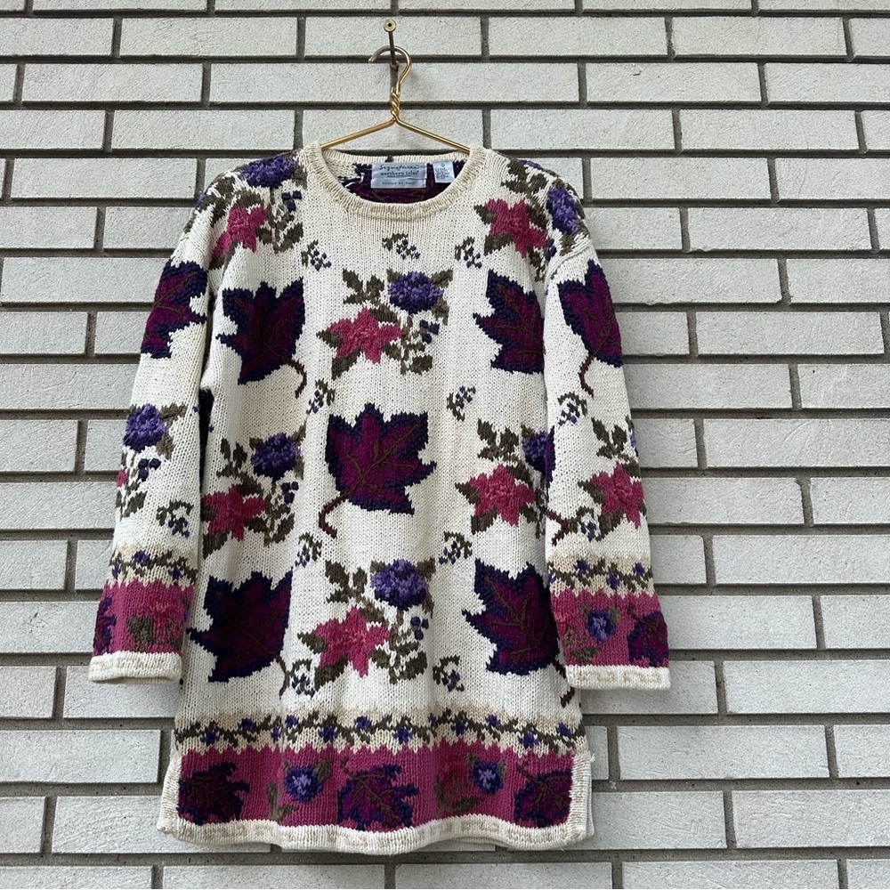 Vintage Northern Isles Hand Knit Leaf Floral‎ Sweater Tunic Ramie Cotton XL